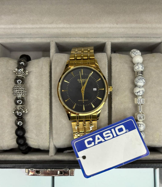 Reloj Casio Quartz Dorado con Dial Negro – Resistente al Agua